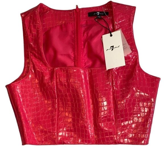 7 For All Mankind NWT Faux Leather Crocodile Crop Top Hot Pink Bikercore - Picture 2 of 6
